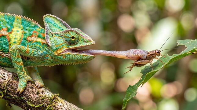 Chameleon Catching Cricket with Tongue in Nature