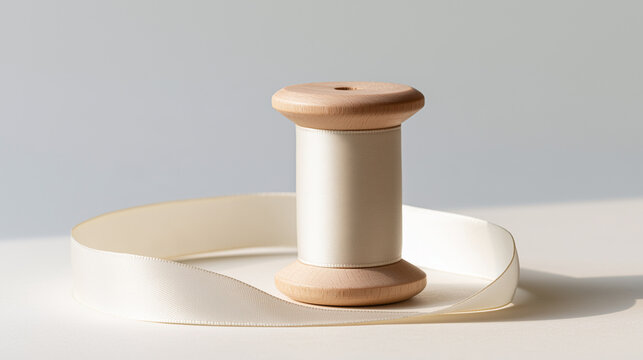Wooden spool of plain pale ribbon on a pastel surface