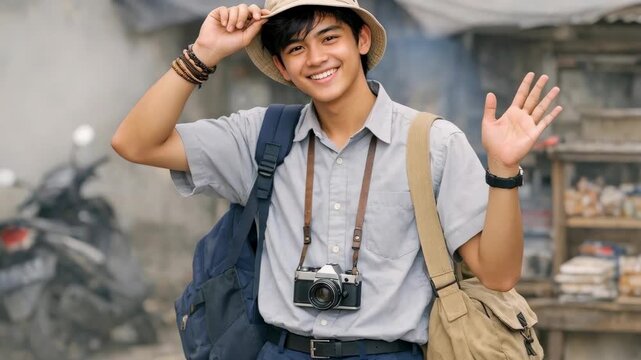 Smiling young traveler with camera and backpack waving in a straw hat