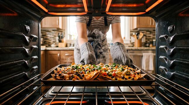 A close-up, inside-the-oven point of view shot of a home cook wearing striped apron and gray oven mitts pulling a hot baking tray of melted cheese nachos with black beans, jalape&ntilde;os, and tomatoes o...