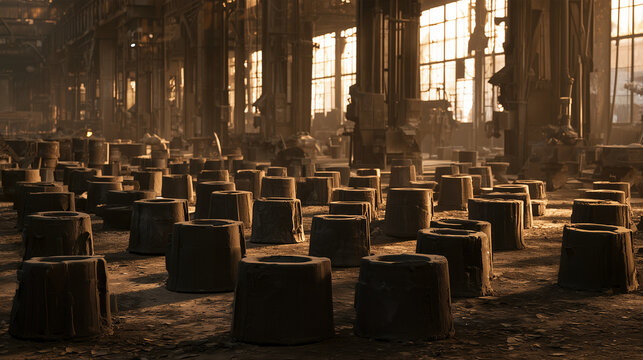 Rows of dark casting moulds on the floor of an old foundry