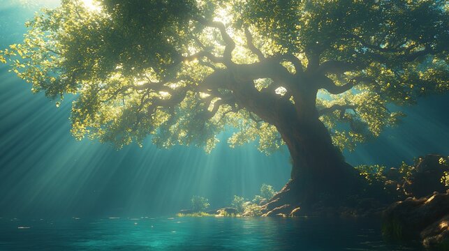 Sunbeams illuminate a majestic tree standing by a tranquil lake.