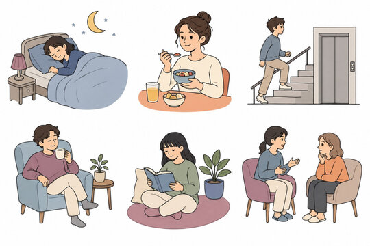 Six scenes about everyday self-care habits, arranged in a large open 2x3 grid