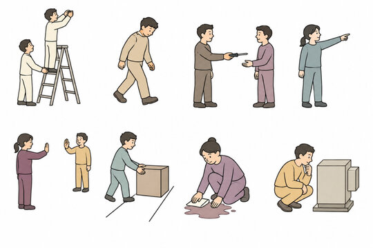 Eight scenes about safe behaviour on a work site, arranged in a neat 2x4 grid