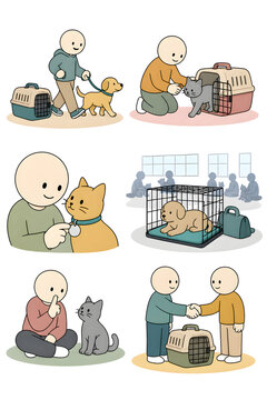 Six scenes about disaster preparedness with pets, arranged in a large open 2x3 grid