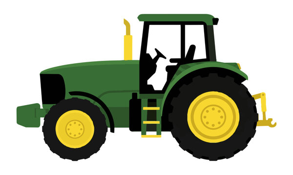 Side profile of a heavy-duty farm tractor with large rear tires and simplified cab design rendered in a bold flat color style isolated on a white background