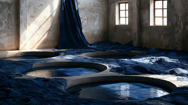 Indigo dye house interior with round vats sunk into the earth floor