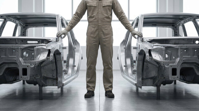 Symmetrical shot of worker between two unfinished car body shells in factory