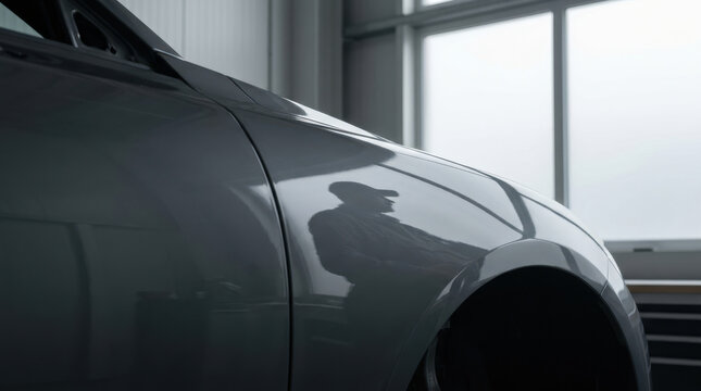 Automobile body shadow reflection in modern workshop creates moody industrial scene with polished metal and dramatic window light