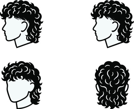 Male curly mullet hairstyle vector graphics provide barbershop guide references from side, front, and rear perspectives.