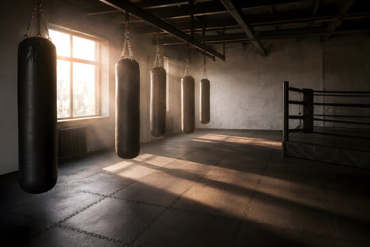 An empty boxing training gym with several plain hanging punching bags, a corner of a