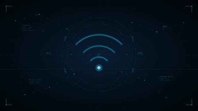 Glowing digital wifi signal icon on a dark blue futuristic technology interface screen display