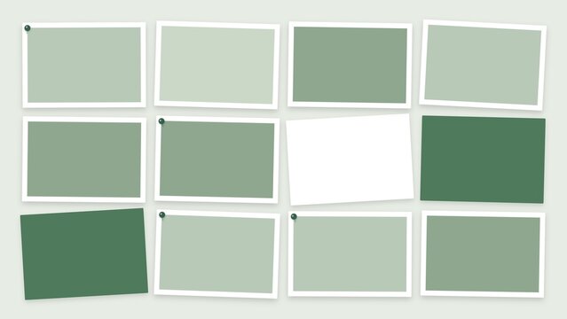 Set of various shades of green rectangular frames or photo placeholders arranged in a grid pattern on a light green background