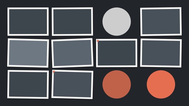 Empty picture frames with push pins and circular magnets on dark background mock up