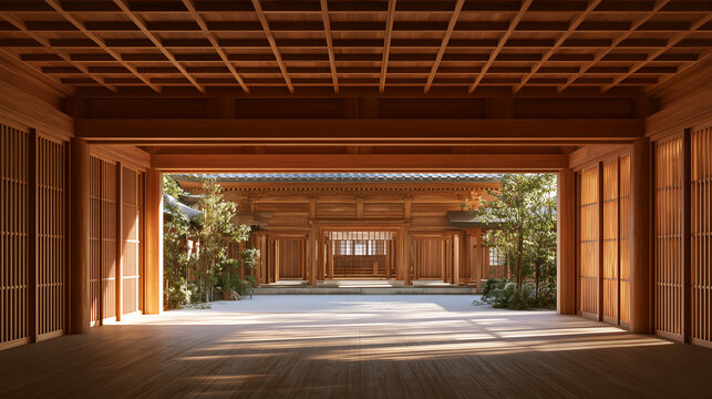 Shinto shrine hall interior of plain unpainted wood with a wide open front