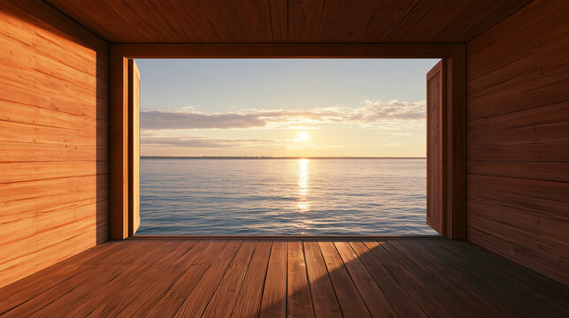 Stilt house interior of plank walls and a wide opening onto calm water