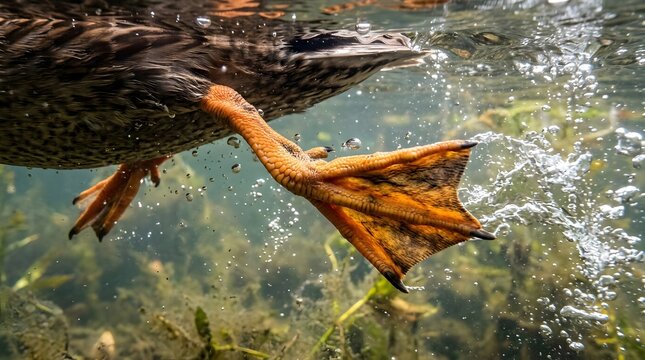Close Up Shot Of Duck Webbed Feet Swimming Underwater