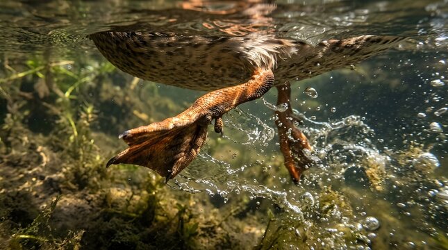 Beautiful Underwater View Of Duck Feet Paddling In Water