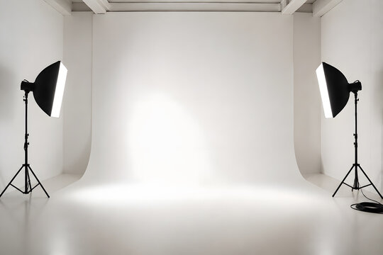 An empty rental photography studio with a seamless white cyclorama backdrop curving into