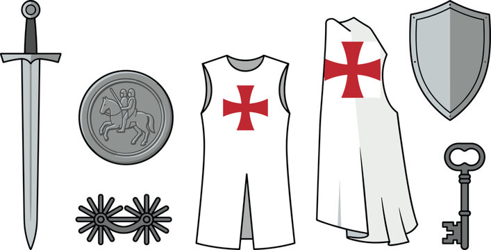 Knights Templar Medieval Crusader Armor and Weapons Vector Set with Sword Shield Red Cross Tunic Cape Medallion Spurs and Key