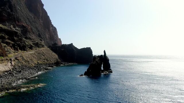 Serene midday drone shot of Roque de la Bonanza on the Canary Island of El Hierro.