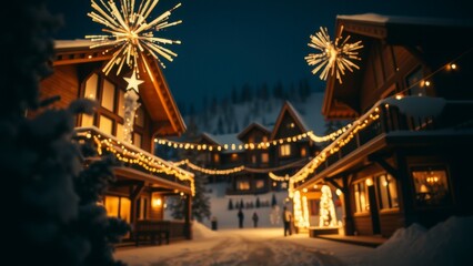 Fototapeta premium Festive winter village decorated with lights at night