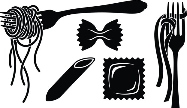 Italian pasta varieties vector set featuring black silhouettes of spaghetti on forks farfalle penne and ravioli