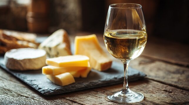 fermentation. A glass of pale white wine on a rustic table next to a slate cheese board. bar promotions, beverage menus, designed for product packaging and bar promotions, used by professors.