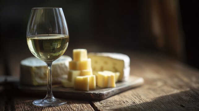 fermentation. A glass of pale white wine on a rustic table next to a slate cheese board. bar promotions, beverage menus, designed for product packaging and bar promotions, used by professors.