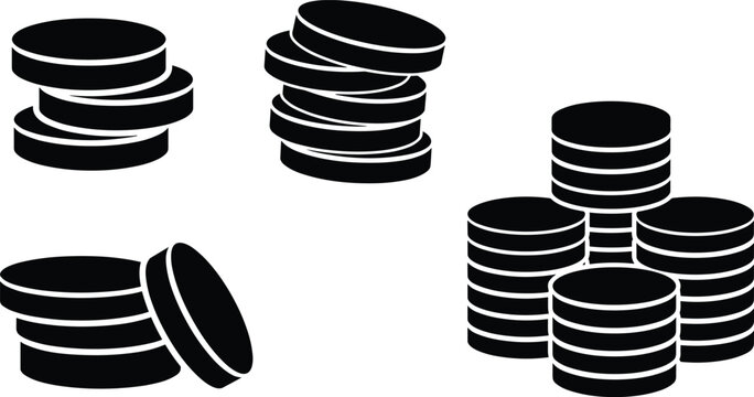 Stacked coins and currency vector set featuring black silhouettes for business finance banking and savings concepts
