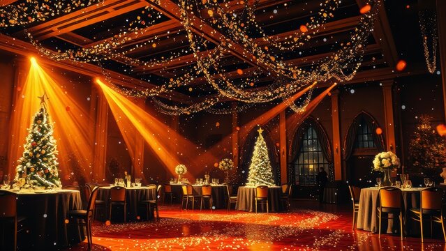 Festive Grand Hall Decorated for Christmas Banquet
