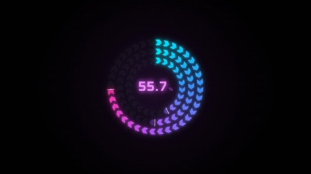 Circular loading indicator counting from zero to one hundred percent with glowing arrow rings