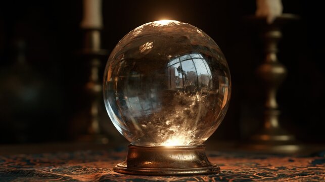 Mystical glowing crystal ball on ornate stand with candles in dimly lit room, evoking fortune telling and magic