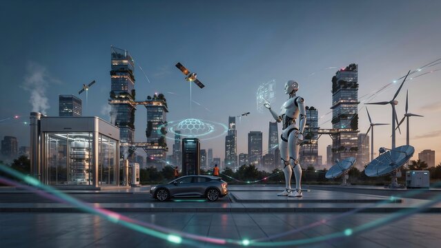 Futuristic humanoid robot managing energy infrastructure and smart city systems blue light connections industrial power renewable energy technology integration concept.
