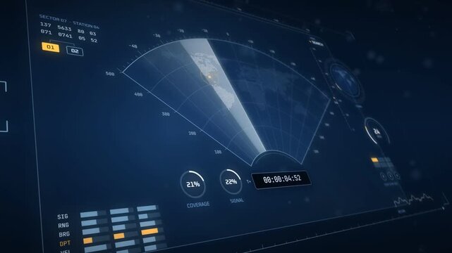 Holographic sonar display sweeping a world map with target contacts and coverage gauges