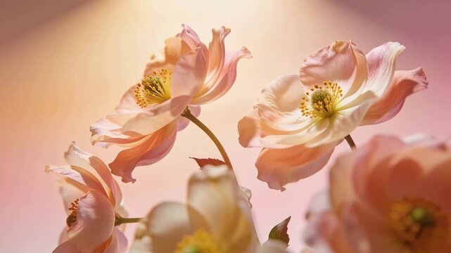Shifting camera causing petals swaying in studio, revealing yellow-green stamens catching light
