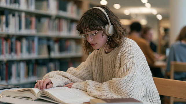 Autistic teen girl in a quiet corner of a library using a personal FM listening system with looped audio processing support, auditory processing device, autism learning