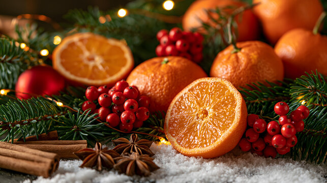 Christmas still life with mandarins cranberries fir and spices