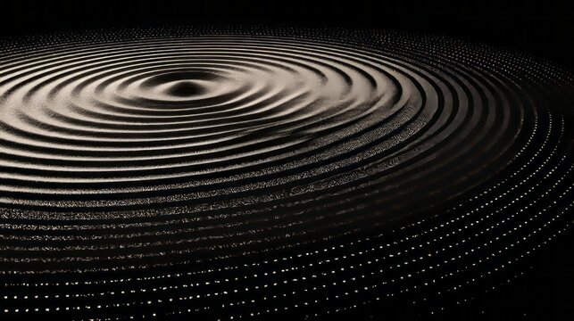 Grain ripple wave with dotwork water drop circles on sand, black halftone stipple pattern forming concentric ripple rings, abstract textured noise gradient background
