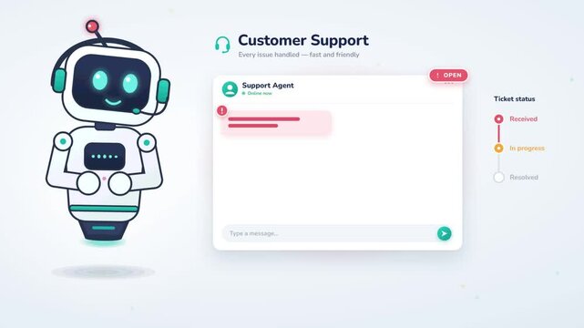 Customer support chatbot robot waving beside a chat window as a ticket moves to resolved