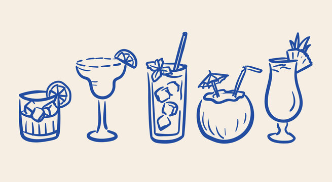 Hand drawn blue summer cocktails and tropical beach drink doodles for bar menus
