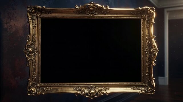 Pushing camera capturing ornate gilded frame approaching in gallery hallway, to reveal gilded sheen