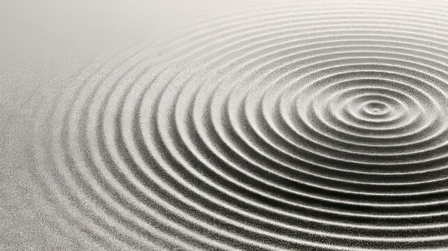 Grain ripple wave with dotwork water drop circles on sand, black halftone stipple pattern forming concentric ripple rings, abstract textured noise gradient background