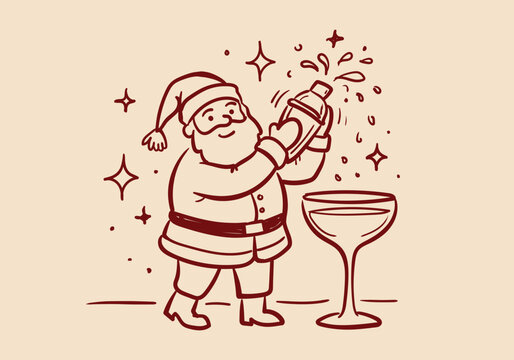 Santa Claus making cocktails with a shaker cartoon doodle line art for Christmas party