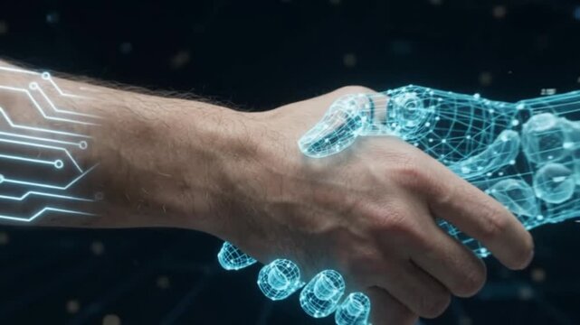 Human hand shaking digital wireframe robot hand symbolizing artificial intelligence partnership