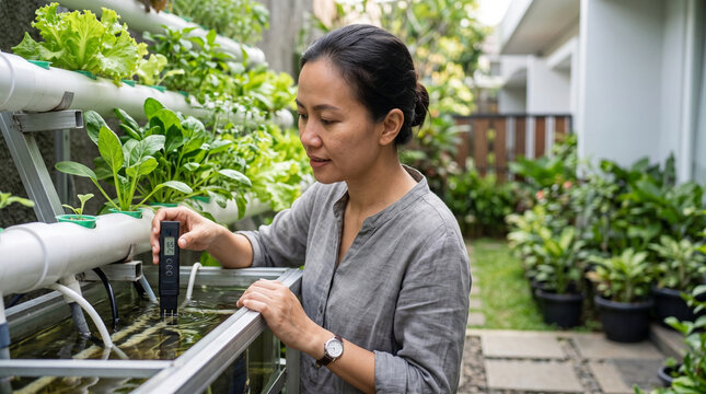 Asian Woman Testing Water Quality with Meter Pen for Hydroponic Garden
