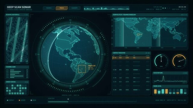 Deep scan sonar interface with a rotating wireframe globe, gauges and contact register panels