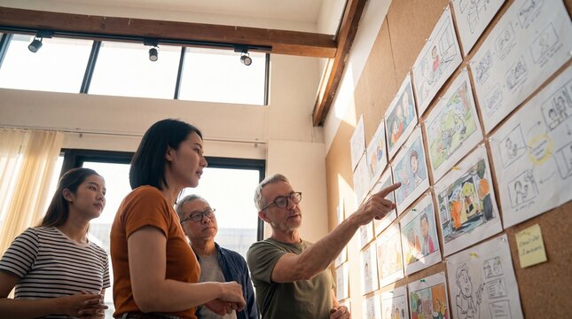 Diverse creative team brainstorming new ideas, collaborating on a project development using a storyboard for visual storytelling and production planning