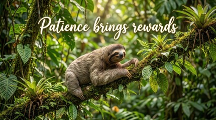 Obraz premium Cute Three-Toed Sloth Hanging on a Mossy Tree Branch in a Lush Tropical Rainforest Setting