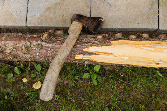 Axe Resting on Split Log After Chopping Firewood Next to Patio Pavers in Backyard
